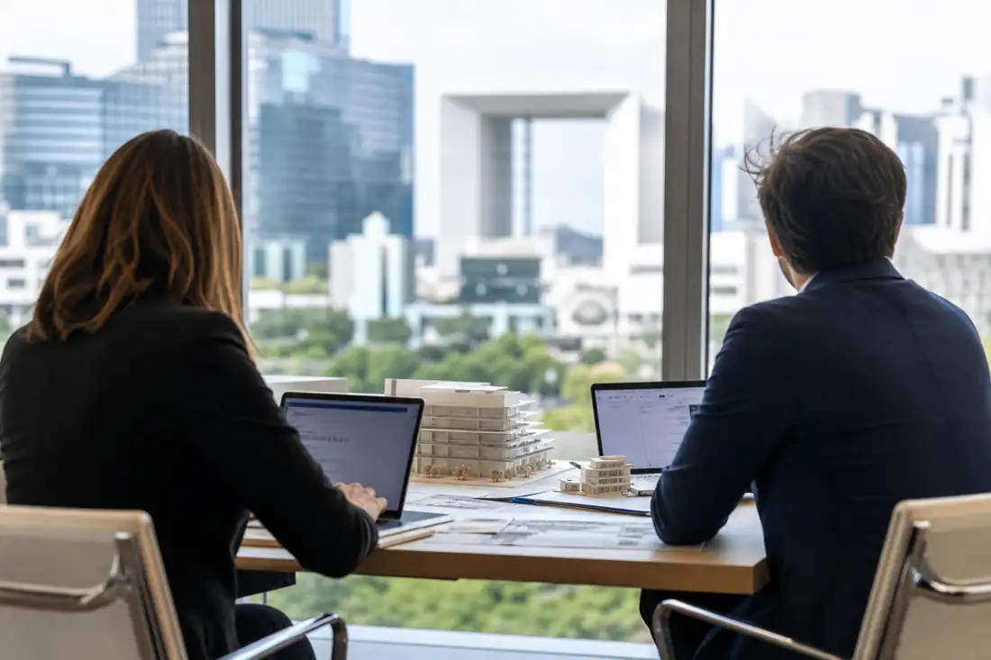 Réunion d’investissement immobilier devant des immeubles de bureaux contemporains dans un quartier d’affaires français.