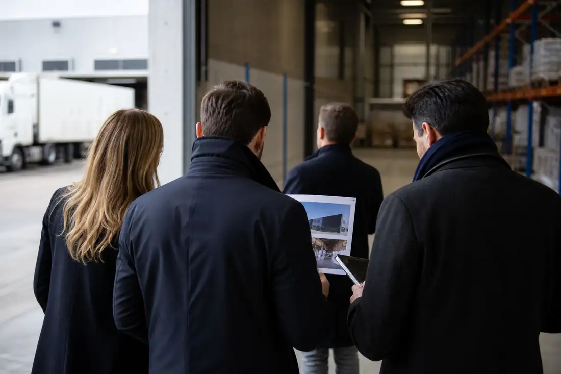 Entrepôt logistique moderne, quais de chargement et professionnels examinant des documents immobiliers