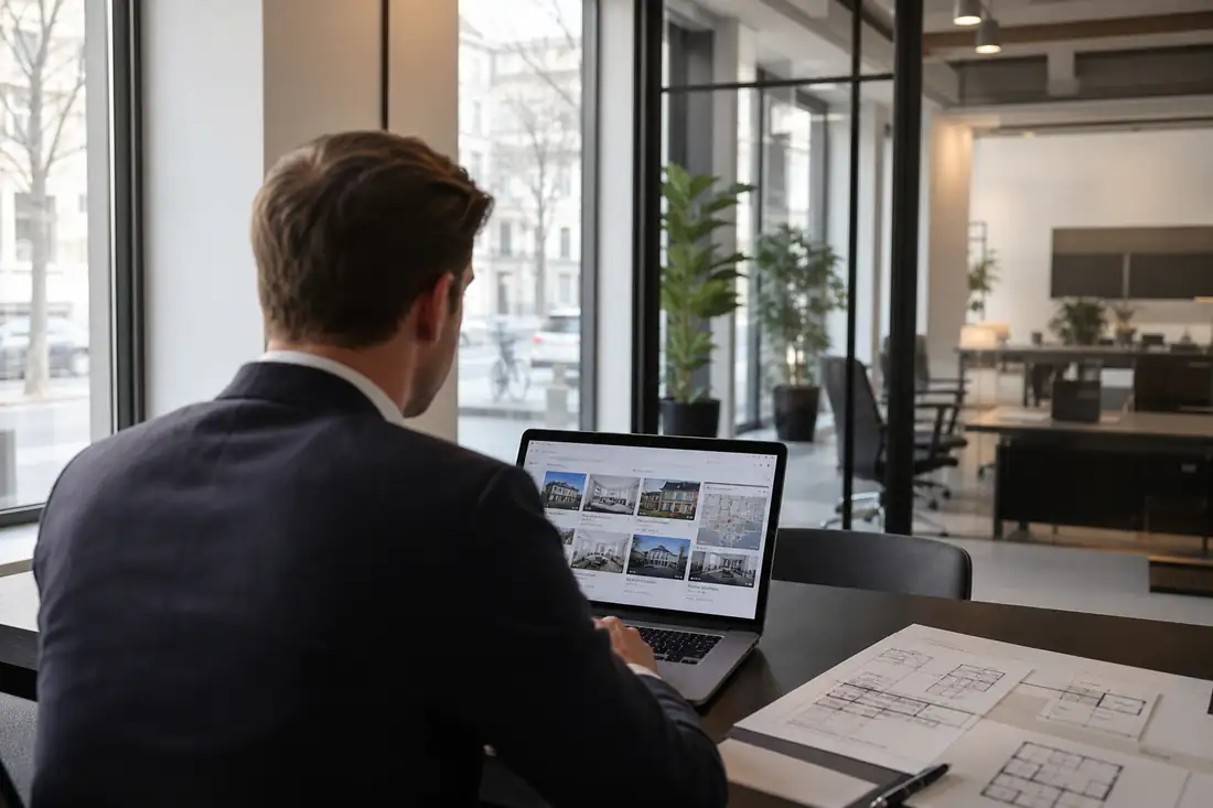 Consultant immobilier de dos analysant des annonces et contacts sur un ordinateur dans une agence moderne.