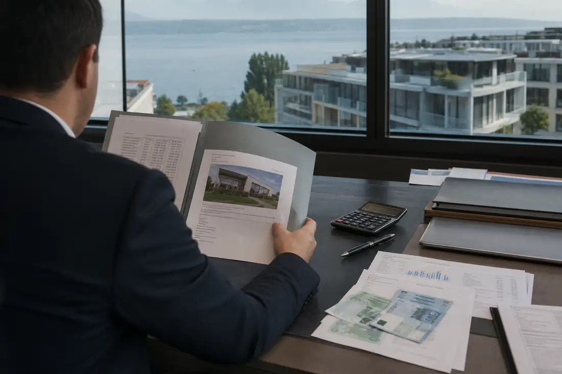 Dossier de prêt transfrontalier étudié dans un bureau genevois avec vue sur des immeubles résidentiels.