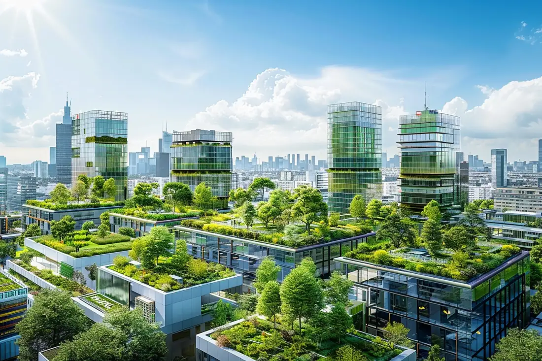 Un ancien espace commercial transformé en quartier mixte avec logements, commerces de pied d’immeuble et arbres.