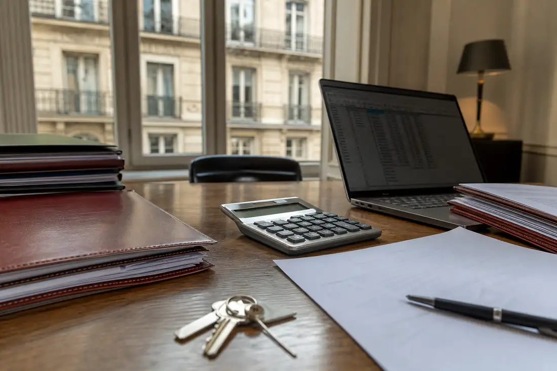 Dossier de vente immobilière et documents fiscaux préparés sur le bureau d’un notaire français.