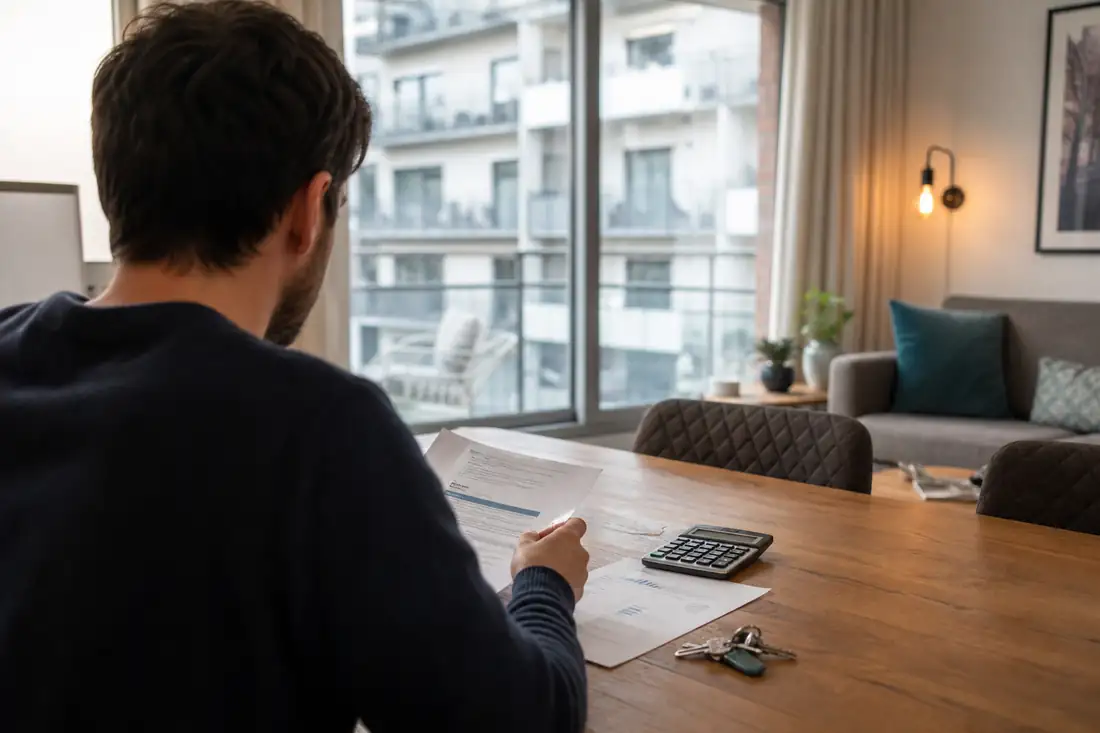 Investisseur étudiant ses calculs locatifs dans un appartement meublé devant un immeuble résidentiel français.