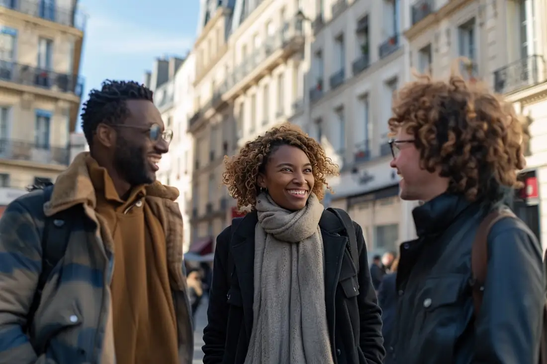 Acheteurs comparant leur budget et des annonces devant une fenêtre ouverte sur un quartier francilien.