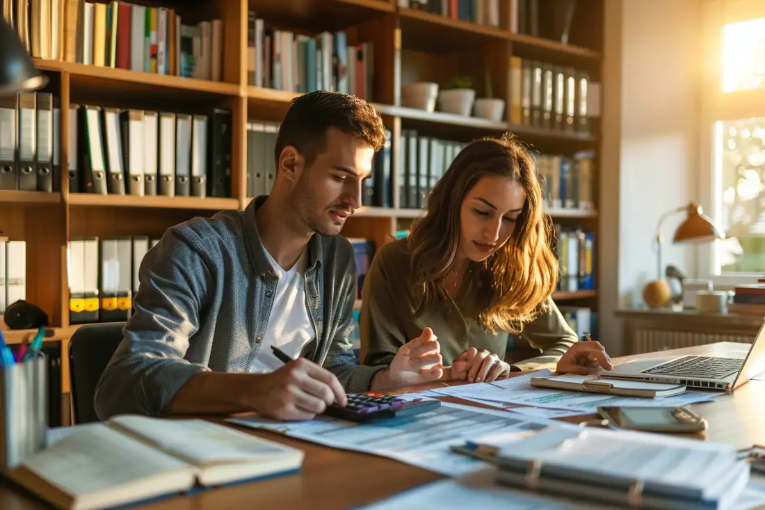 Couple examinant un budget de crédit immobilier avec calculatrice et plans de logement à domicile.