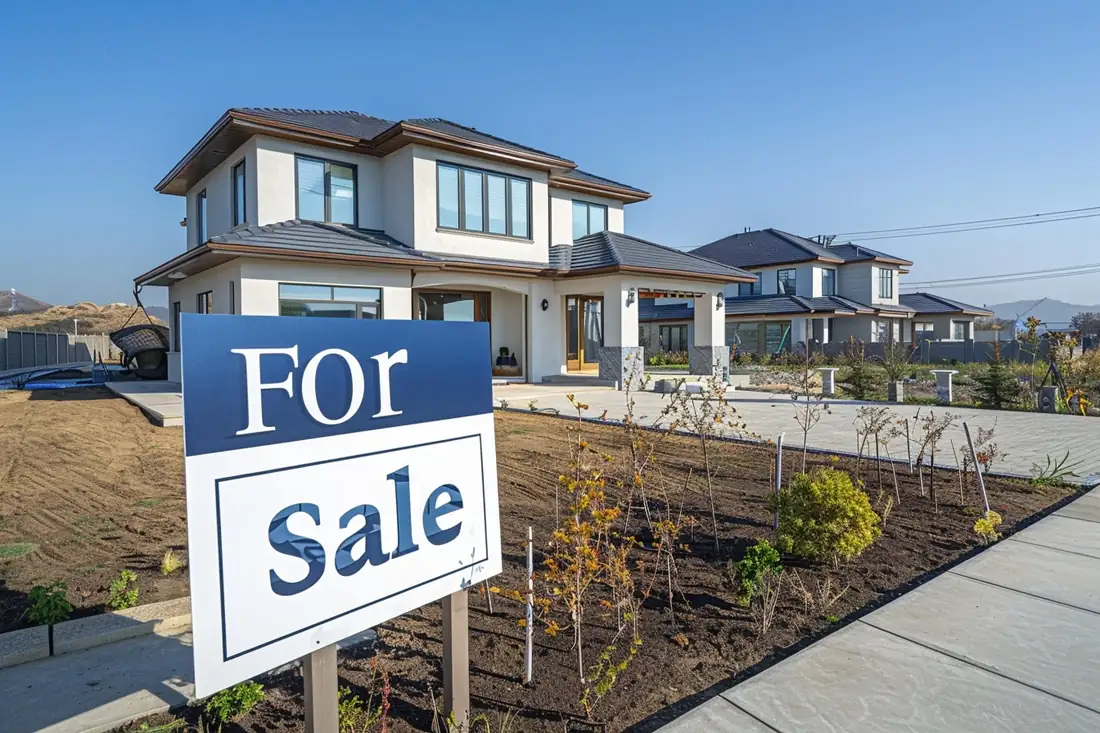 Un couple vu de dos compare des dossiers de vente avec un conseiller dans une agence immobilière.