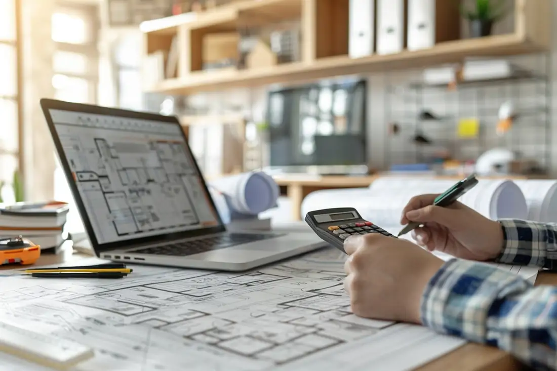 Devis, calculatrice et plans de rénovation posés sur une table dans un appartement en travaux.