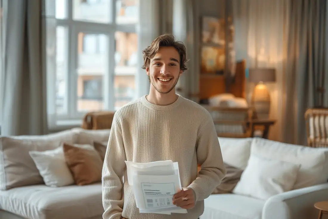 Clés, dossier d’assurance et inventaire posés dans un appartement meublé prêt à être loué.