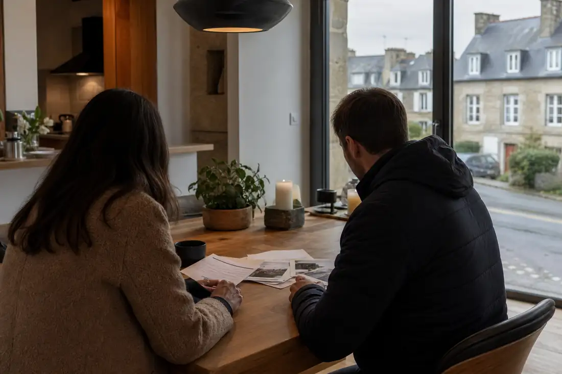Acquéreurs examinant des documents d’achat dans une maison ancienne d’un quartier résidentiel de Quimper.