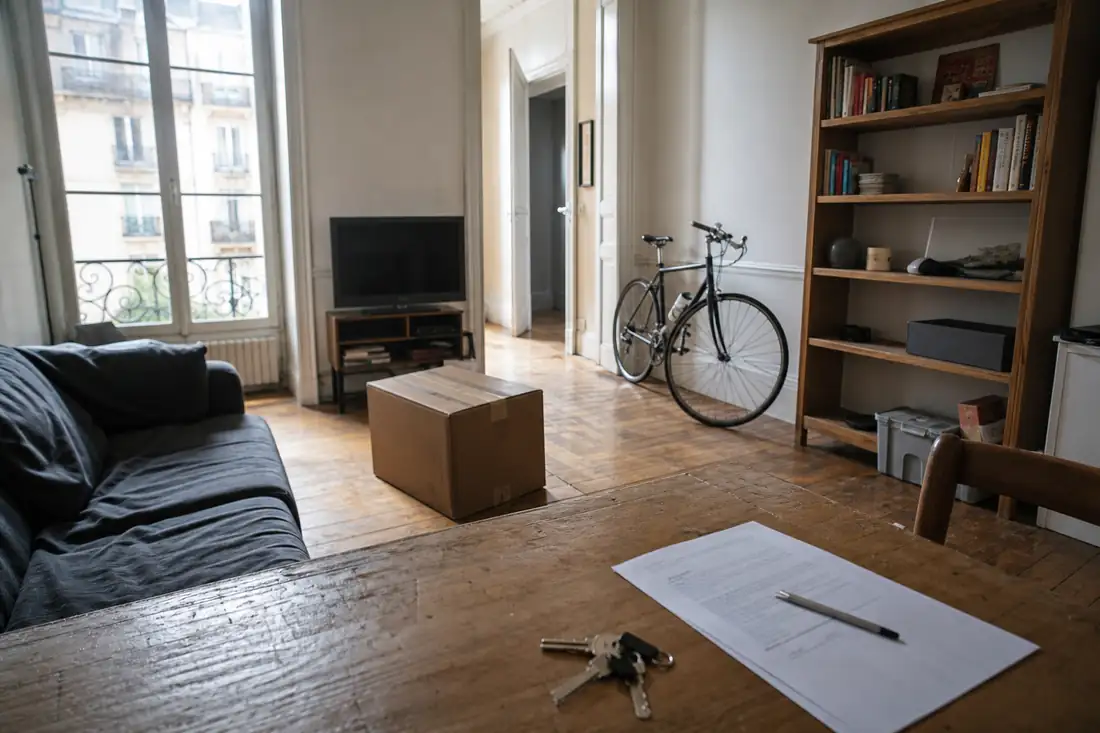 Séjour d’une colocation avec un carton de déménagement fermé, un trousseau de clés et un document posés sur la table