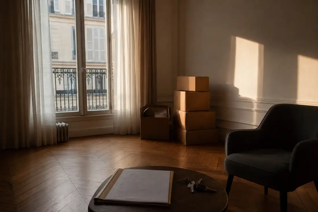 Salon d’un appartement en cours de séparation, cartons empilés, clés et dossier posés sur une table basse.