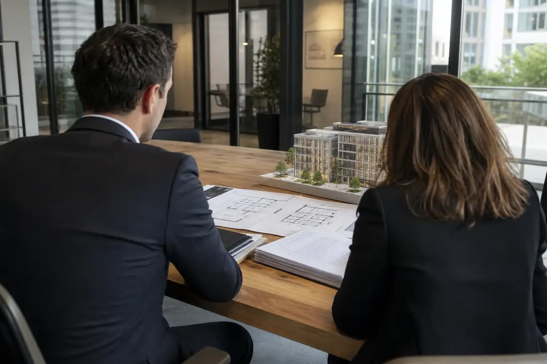 Professionnels de l’immobilier examinant des plans et des documents de transaction dans une salle de réunion.
