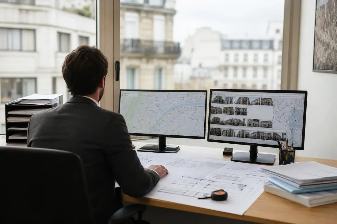 Professionnel analysant des données de marché et des plans immobiliers sur deux écrans dans une agence.