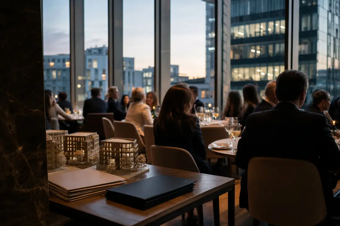 Dîner professionnel d’acteurs immobiliers dans un restaurant contemporain du quartier d’affaires luxembourgeois.
