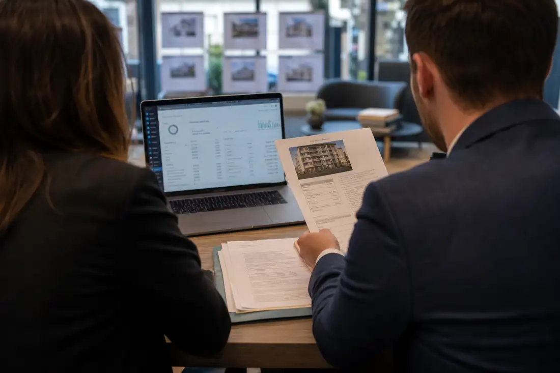 Équipe d’agence immobilière examinant un tableau de bord numérique et des contrats dans un bureau lumineux.
