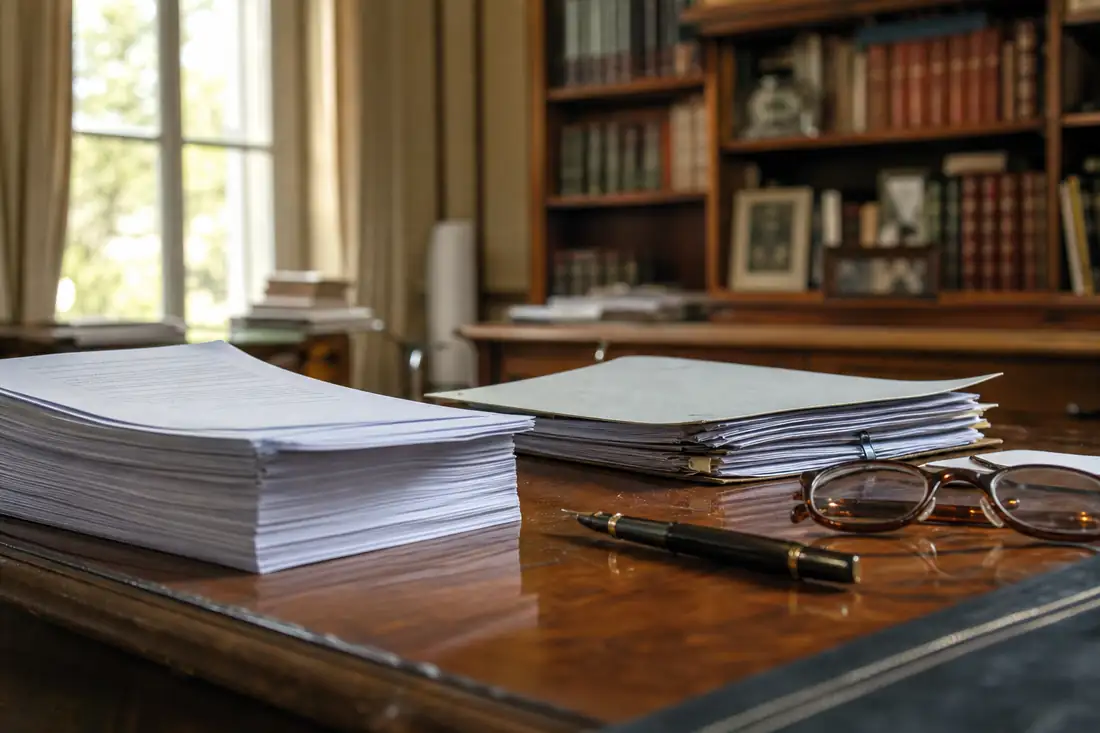 Dossier de financement et compromis de vente posés sur la table d’une étude notariale avant signature