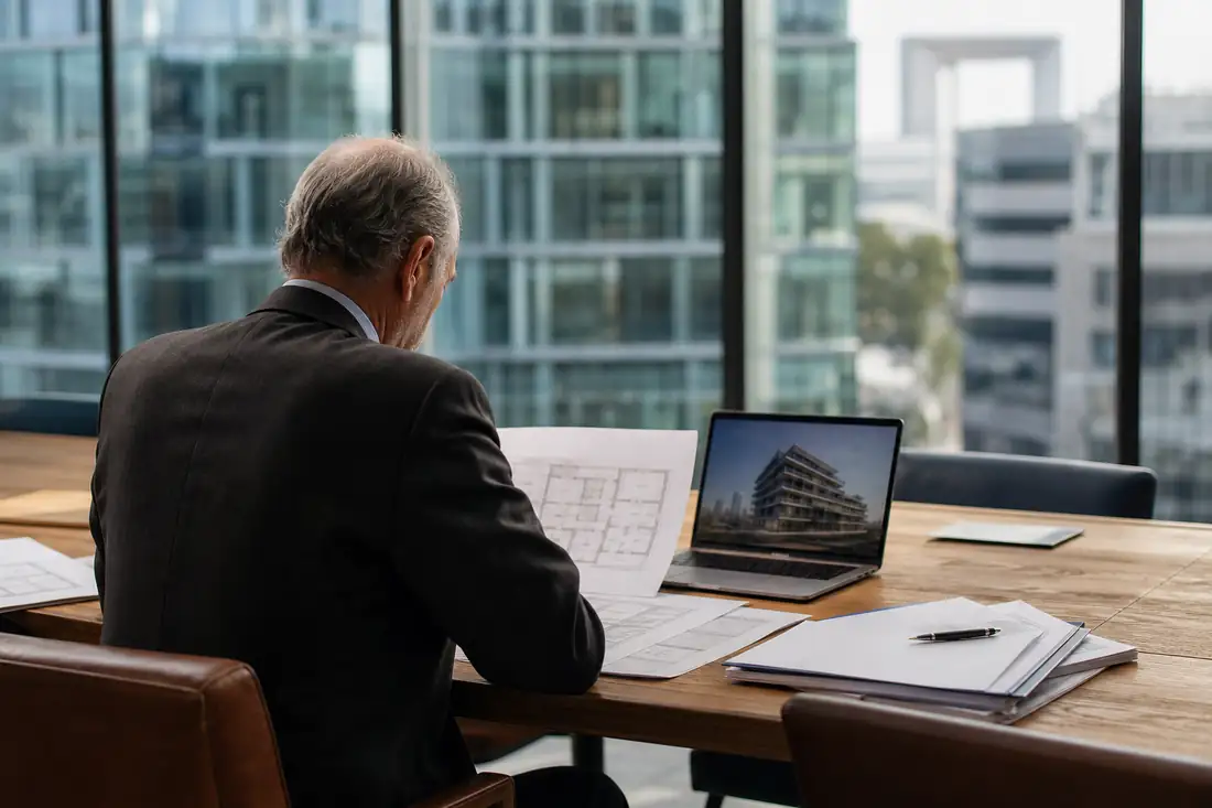 Professionnel examinant des plans et documents de transaction dans un bureau d’immobilier d’entreprise.