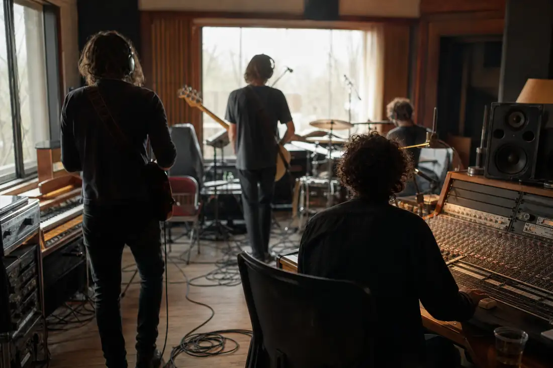 Musiciens de dos dans un studio d’enregistrement avec guitares, clavier et console de mixage sous lumière naturelle.