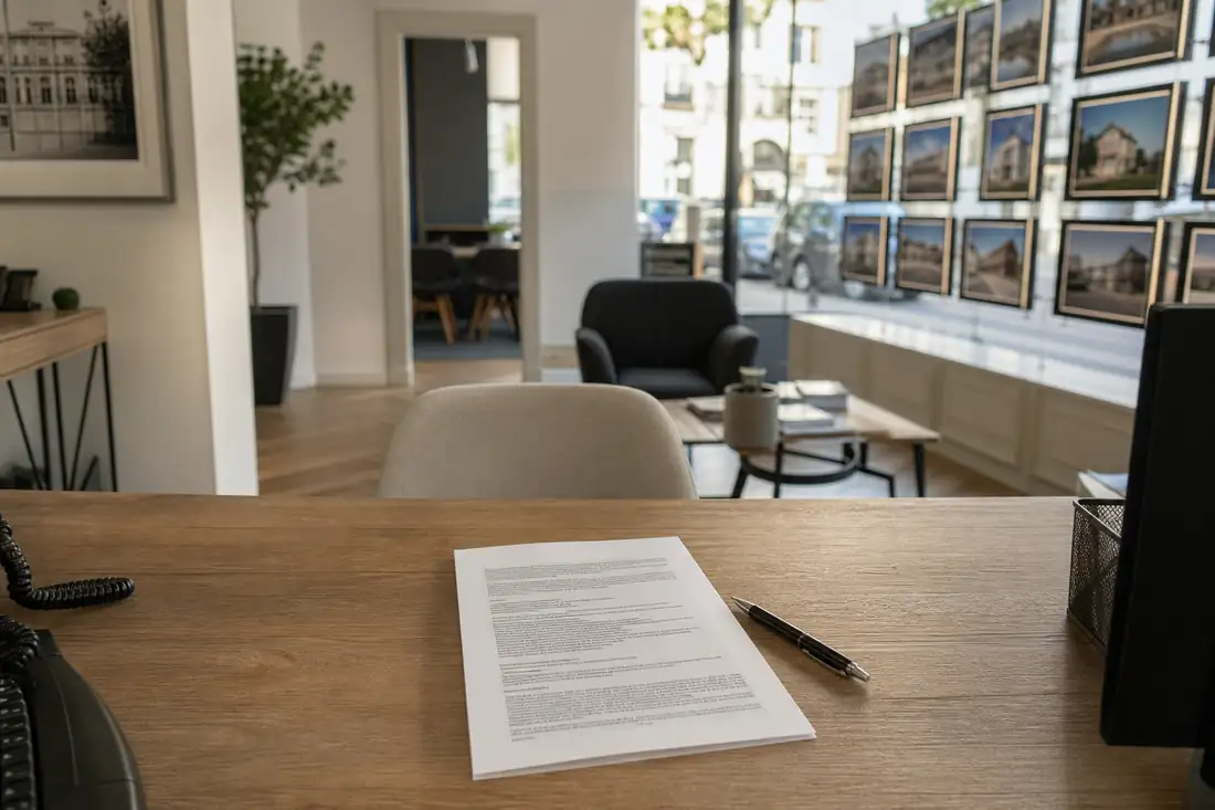 Bureau d’une agence immobilière avec un contrat de mandat posé sur la table et une chaise client vide