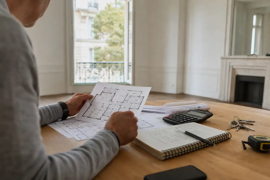 Investisseur examinant plans, calculatrice et clés dans un appartement avant un achat locatif.