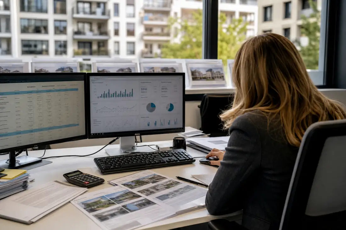 Collaborateur d’agence comparant des abonnements à des portails immobiliers sur deux écrans au bureau.
