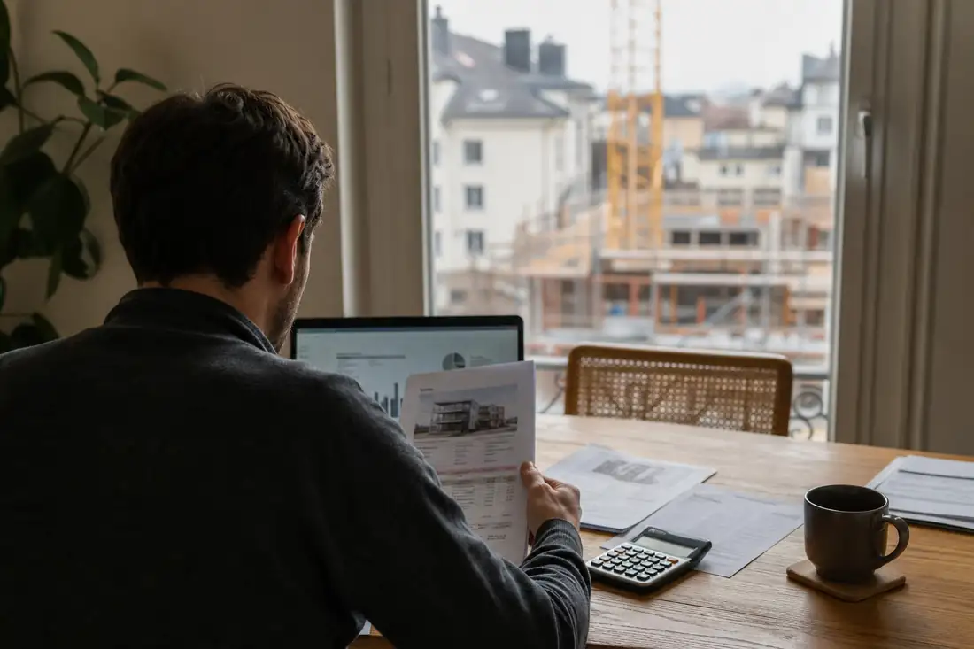 Investisseur examinant des documents financiers devant un chantier résidentiel inachevé en arrière-plan.