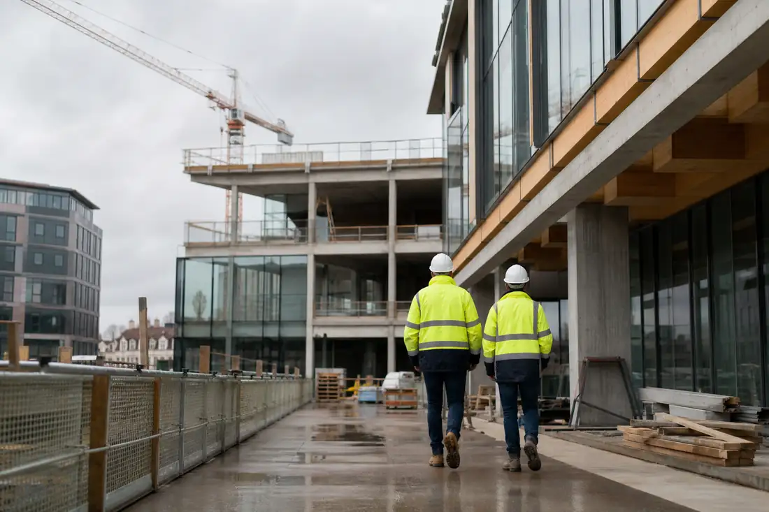 Chantier d’un immeuble de bureaux contemporain à Lille, avec grue, façade vitrée et équipes en équipement de sécurité.