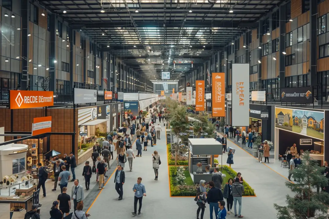 Visiteur examinant des plans et une simulation de financement sur un stand de salon immobilier.