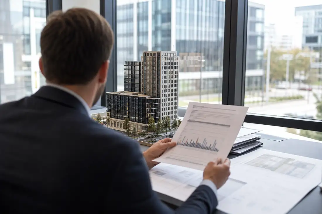 Analyste immobilier examinant des documents de valorisation devant une maquette d’immeuble de bureaux.