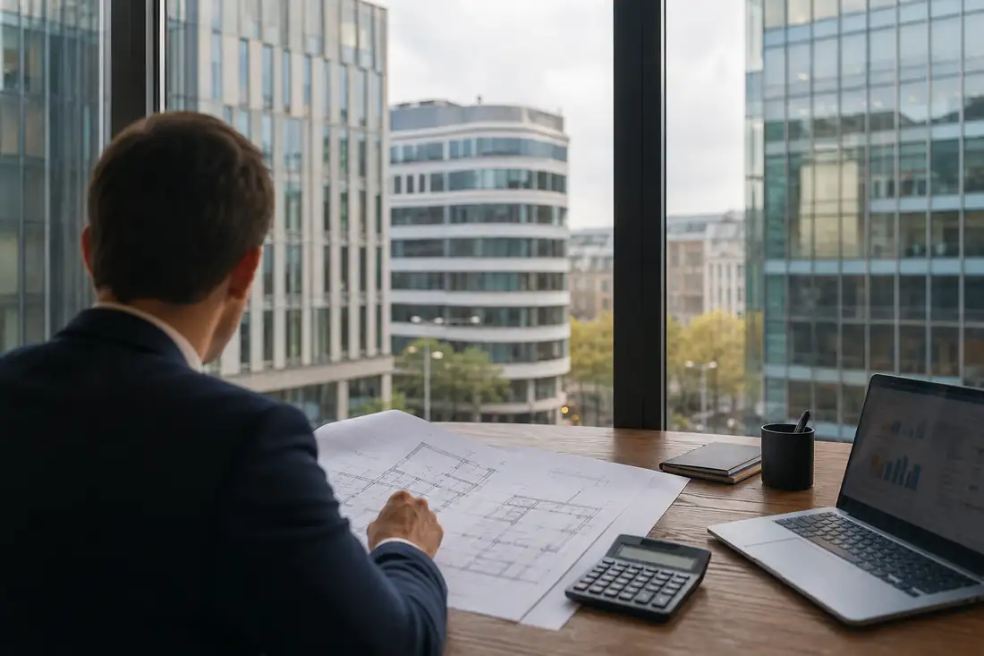 Investisseur examinant des plans et des données de financement devant un quartier de bureaux contemporain.