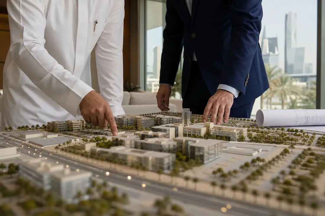 Deux professionnels examinent une maquette de programme immobilier dans un showroom contemporain à Riyad.
