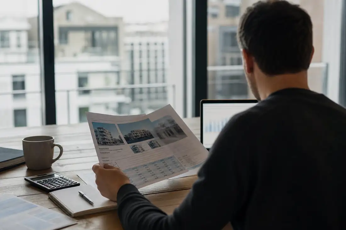 Investisseur comparant des documents de SCPI, une calculatrice et un ordinateur dans un appartement lumineux.