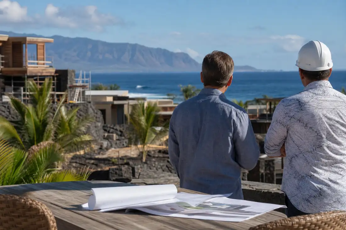 Projet résidentiel haut de gamme en construction à Hawaii, avec plans d’architecte et végétation tropicale.