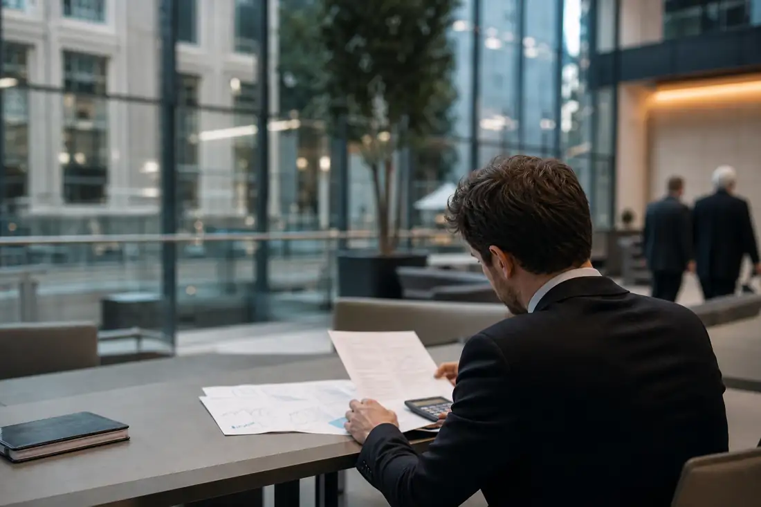 Analyste examinant des documents financiers dans le hall lumineux d’un immeuble tertiaire contemporain.