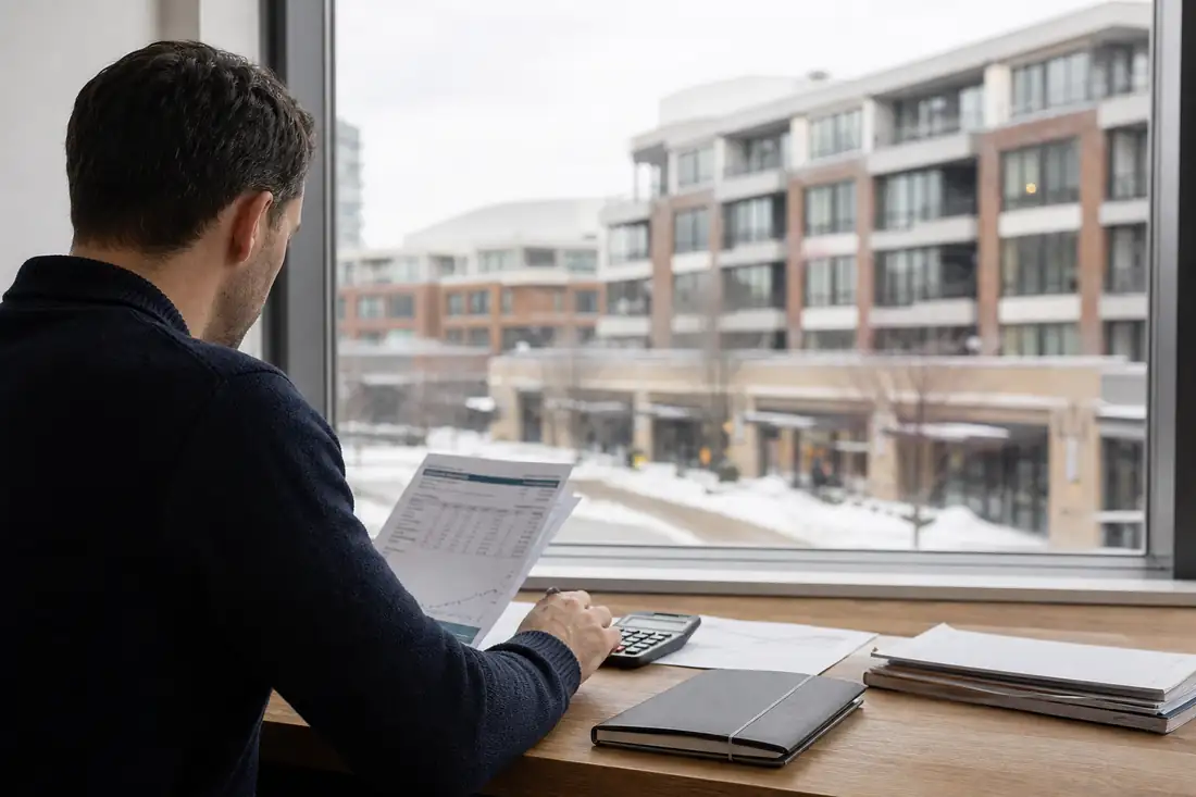 Investisseur consultant un relevé de titres devant un ensemble commercial et résidentiel contemporain au Canada.