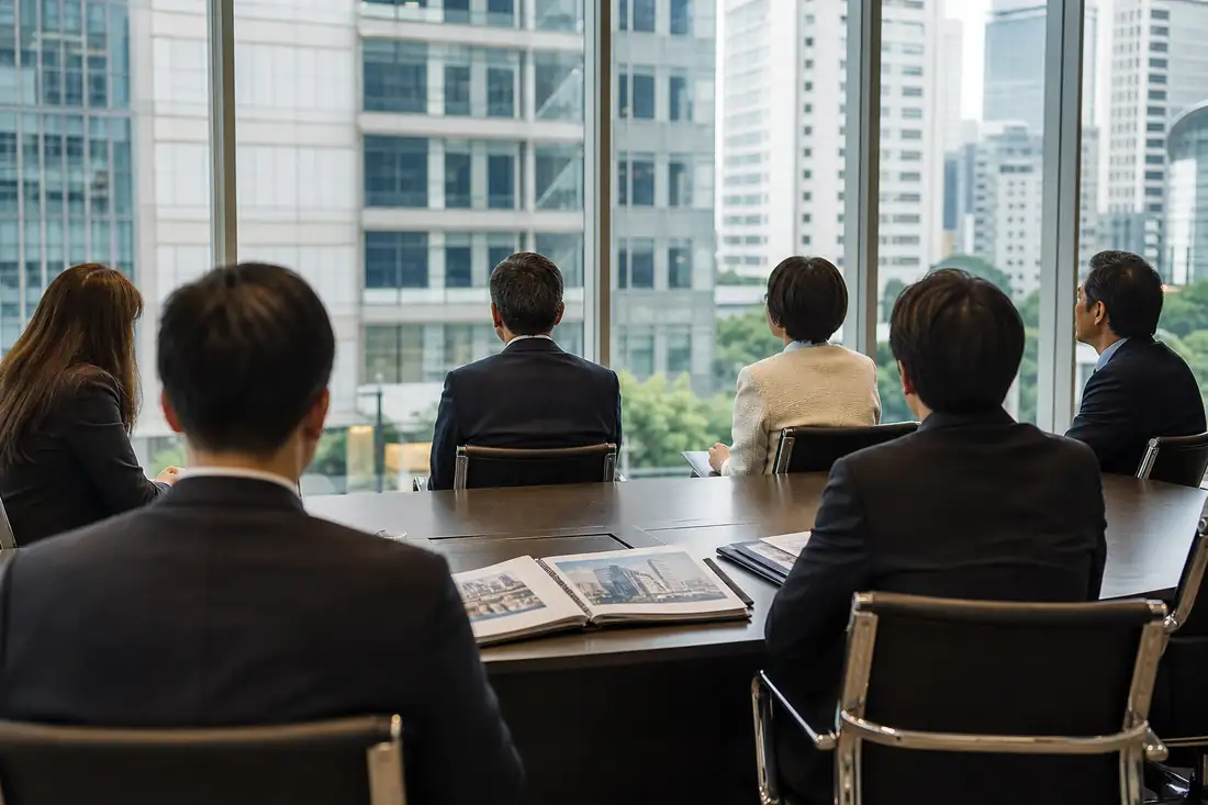 Réunion d’un conseil d’administration dans une tour de bureaux, face à un quartier d’affaires asiatique.