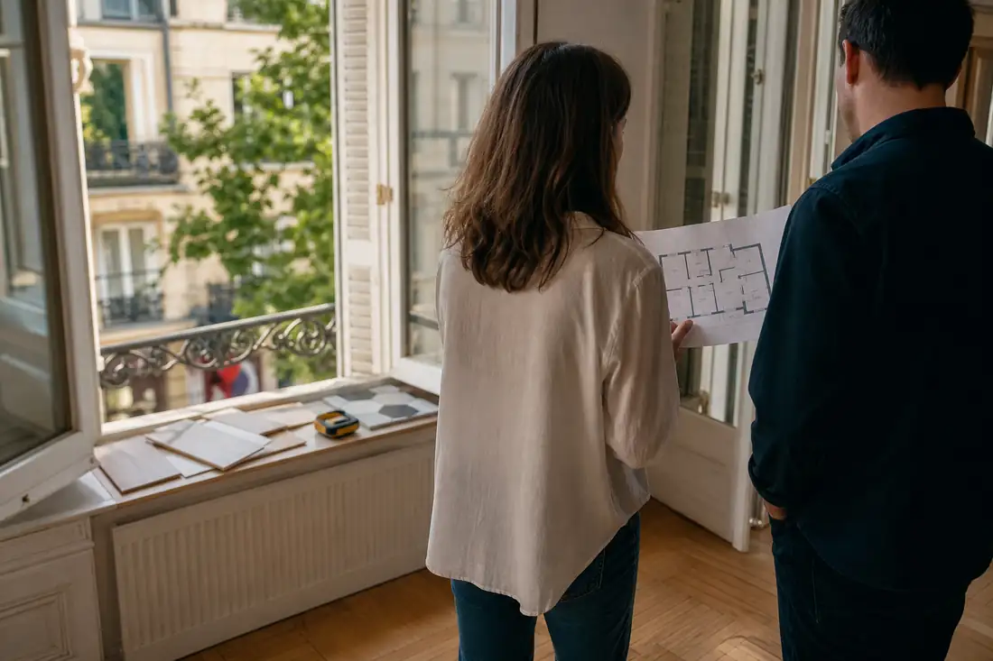 Visite estivale d’un appartement ancien avec plans, échantillons de rénovation et rue résidentielle en arrière-plan.