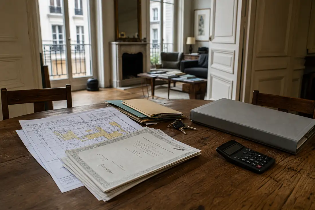 Dossier de succession, clés et documents immobiliers disposés sur une table dans un appartement ancien.