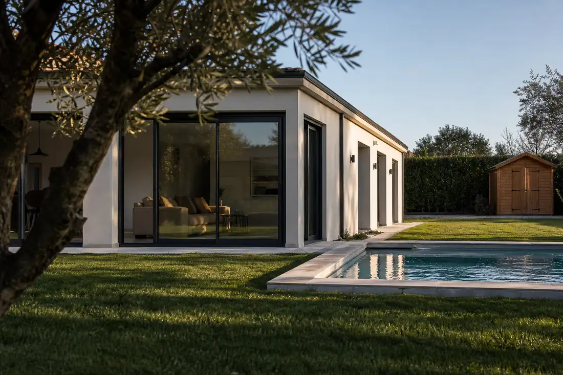 Extension vitrée d’une maison, piscine enterrée et abri de jardin en bois au fond d’un terrain clos