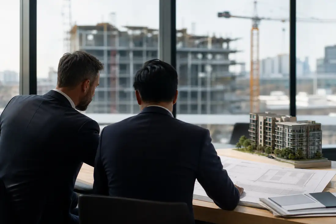Réunion de partenaires immobiliers autour de plans architecturaux et d’une maquette de programme urbain.