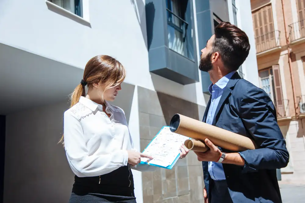 Mandataire immobilier présentant un appartement lumineux à des acquéreurs lors d’une visite résidentielle.