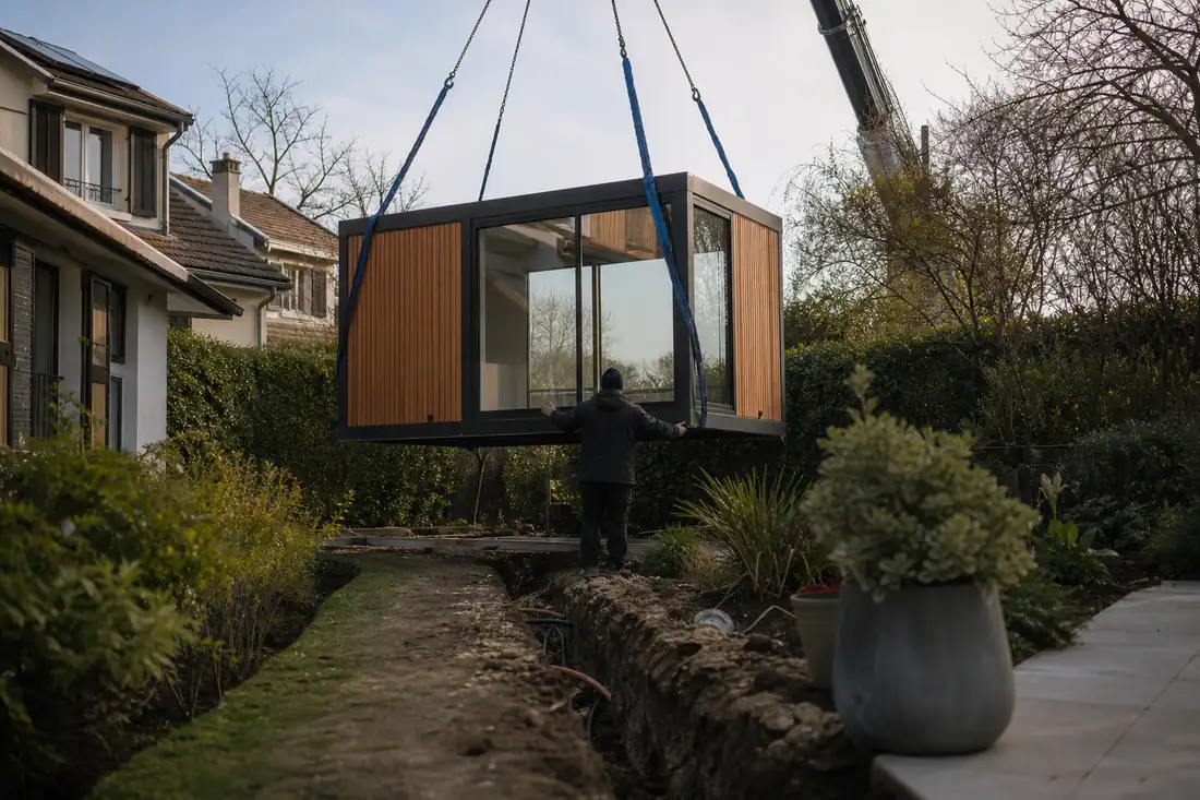 Studio modulaire en cours d’installation dans le jardin d’une maison, avec accès aux réseaux en préparation.
