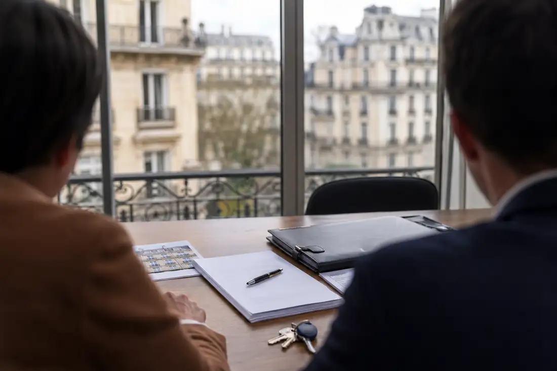 Dossier d’offre d’achat, clés et documents de vente examinés dans une agence immobilière française.