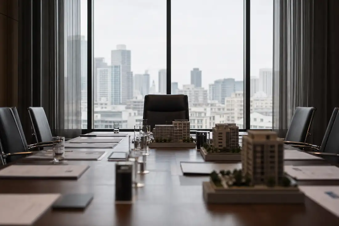 Salle de conseil d’un groupe immobilier avec dossiers financiers et maquettes d’immeubles sur une table.