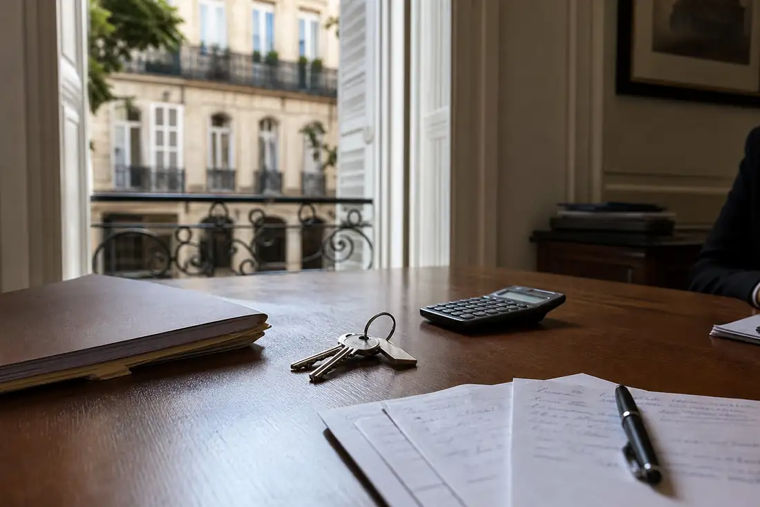 Dossier de succession, clés et calculatrice sur un bureau de notaire devant une cour d’immeuble ancien.