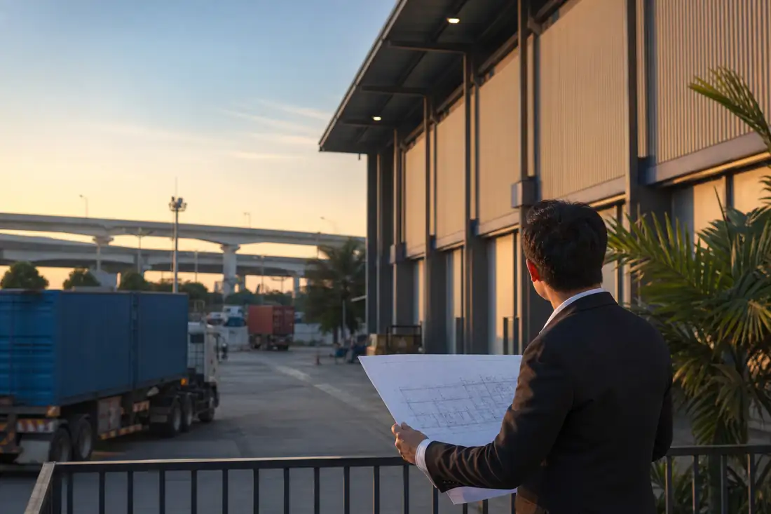 Entrepôts et camions dans une zone logistique thaïlandaise reliée à des infrastructures de transport modernes.