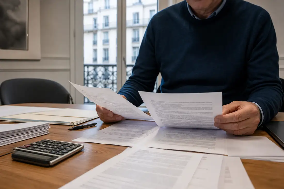 Propriétaire relisant un mandat de vente bilingue avec des documents contractuels dans un bureau d’agence.