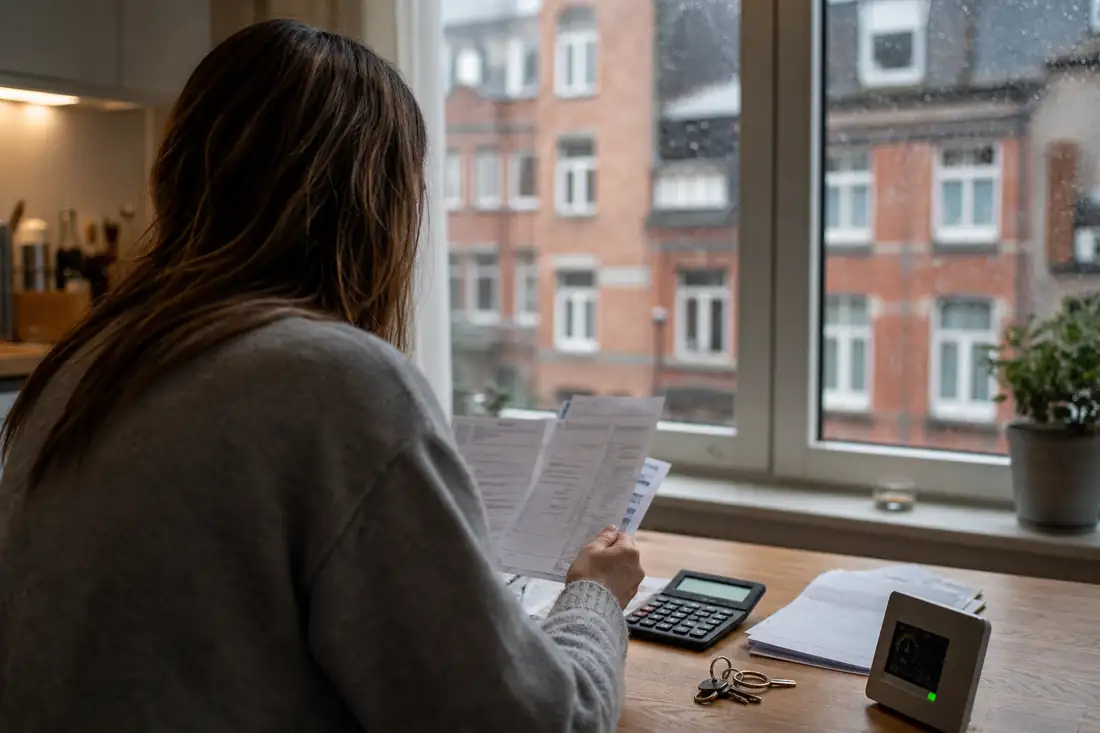 Budget domestique sur une table d’appartement belge, avec factures, calculatrice et clés près d’une fenêtre.