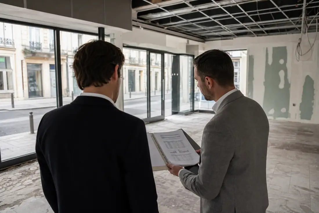 Acquéreur et conseil examinant le budget d’un local commercial vacant avant une offre d’achat.