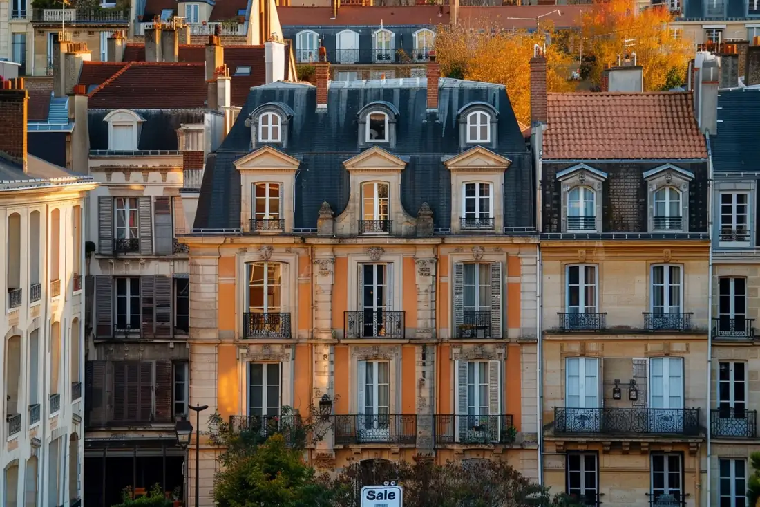 Deux acheteurs de dos observent des immeubles résidentiels contrastés avec une professionnelle immobilière.